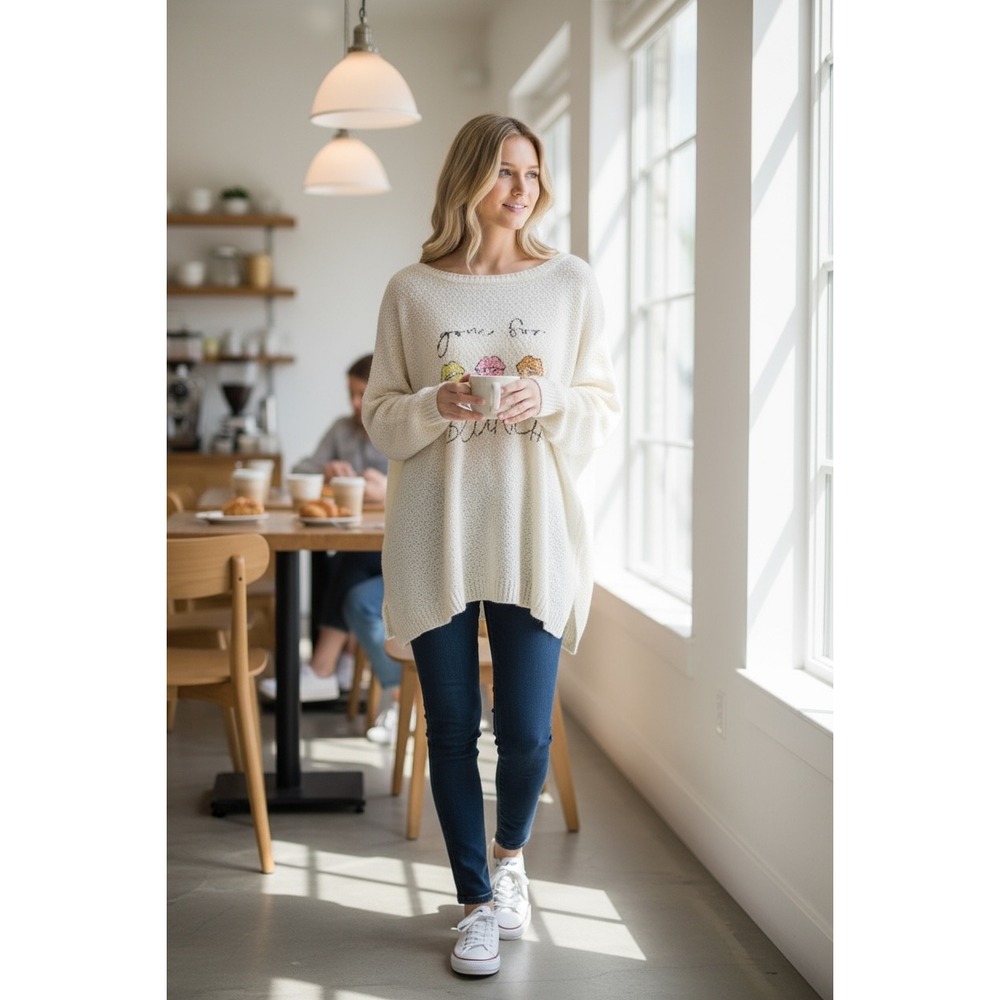 POL Cream Knit Brunch Lips‎ Graphic Pullover Sweater Medium Oversized